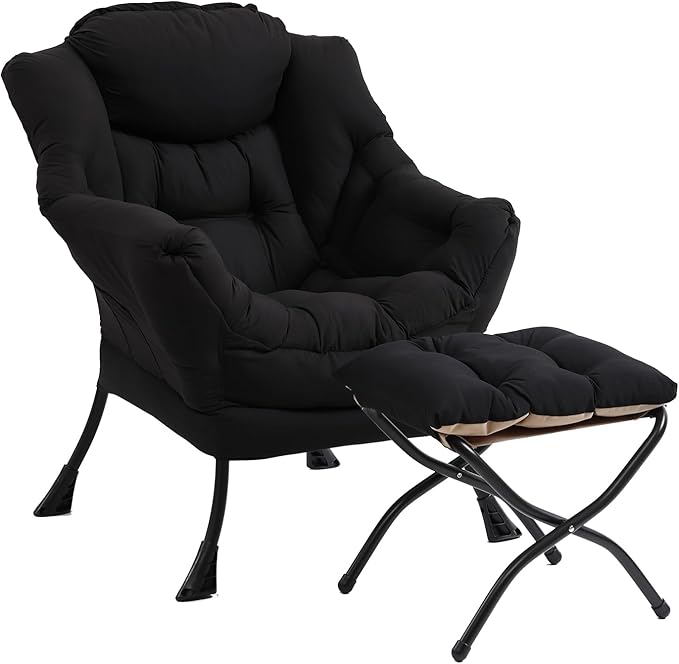 Lazy Chair with Ottoman, Modern Chair with Folding Footrest, Lounge Accent Chair, Comfortable Reading Chair (Peach Black) - LeafyLoom
