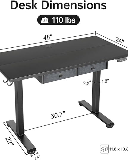 Standing Desk with 2 Drawers, Adjustable Height Electric Desk with Storage, 48 x 24 Inches Sit Stand Up Computer Table for Work Office Home, Black - LeafyLoom