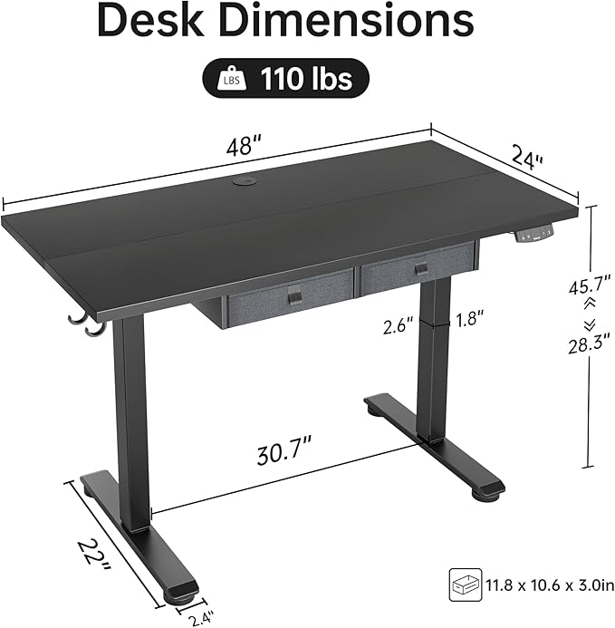Standing Desk with 2 Drawers, Adjustable Height Electric Desk with Storage, 48 x 24 Inches Sit Stand Up Computer Table for Work Office Home, Black - LeafyLoom