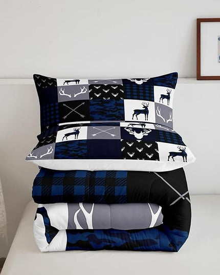 Manfei Camo Deer Antlers Comforter Set Twin,Geometric Plaid Patchwork Bedding Set 2pcs for Kids Teens Girls Boys Room Decor,Boho Arrow Xmas Quilt Set,Blue Grey Duvet Insert with 1 Pillowcase - LeafyLoom