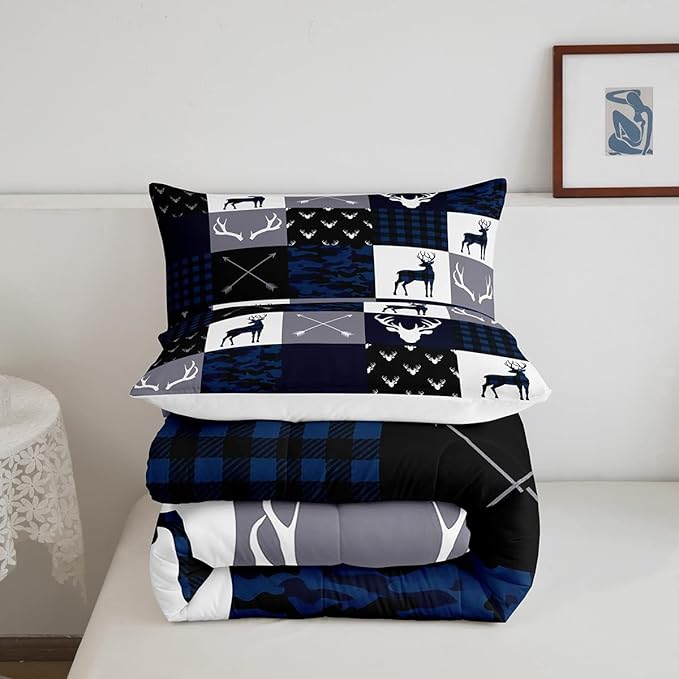Manfei Camo Deer Antlers Comforter Set Twin,Geometric Plaid Patchwork Bedding Set 2pcs for Kids Teens Girls Boys Room Decor,Boho Arrow Xmas Quilt Set,Blue Grey Duvet Insert with 1 Pillowcase - LeafyLoom
