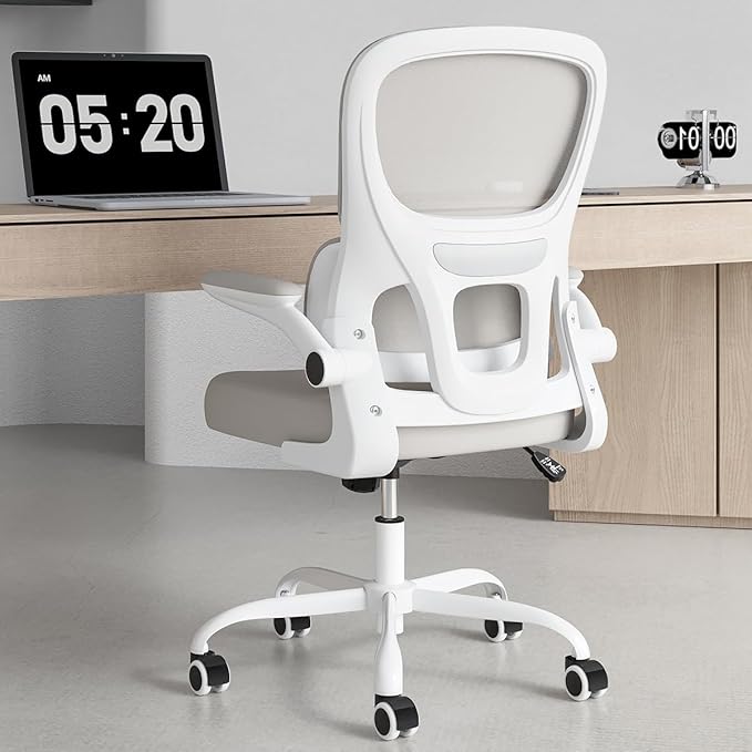 Soohow Ergonomic Home Office Chair, Mesh Desk Chair with Lumbar Support, Comfy Computer Desk Chair with Flip Armrest Rolling Wheels, Khaki. - LeafyLoom