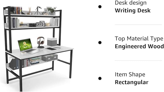 Aquzee Computer Desk with Hutch and Bookshelf, 47 inch Wide White Home Office Desk with 3 Tier Storage Shelves, for Study Writing Work, Easy Assemble - LeafyLoom
