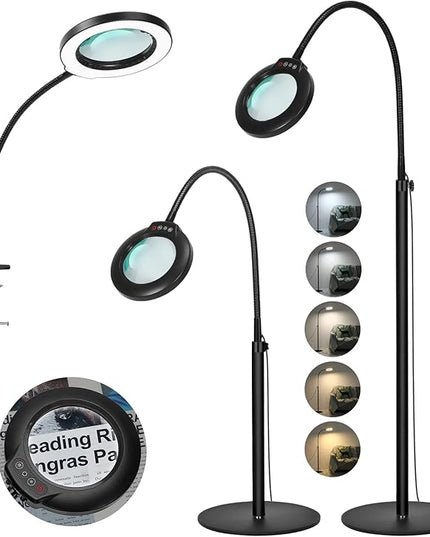 5X Stand Magnifying Glass with Light, Veemagni 24" Flexible Gooseneck 5 Color Modes Stepless Dimmable Magnifying Floor Lamp, 3-in-1 Adjustable Lighted Magnifier Hands Free for Close Work, Esthetican - LeafyLoom