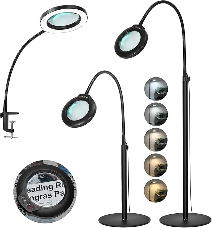 5X Stand Magnifying Glass with Light, Veemagni 24" Flexible Gooseneck 5 Color Modes Stepless Dimmable Magnifying Floor Lamp, 3-in-1 Adjustable Lighted Magnifier Hands Free for Close Work, Esthetican - LeafyLoom