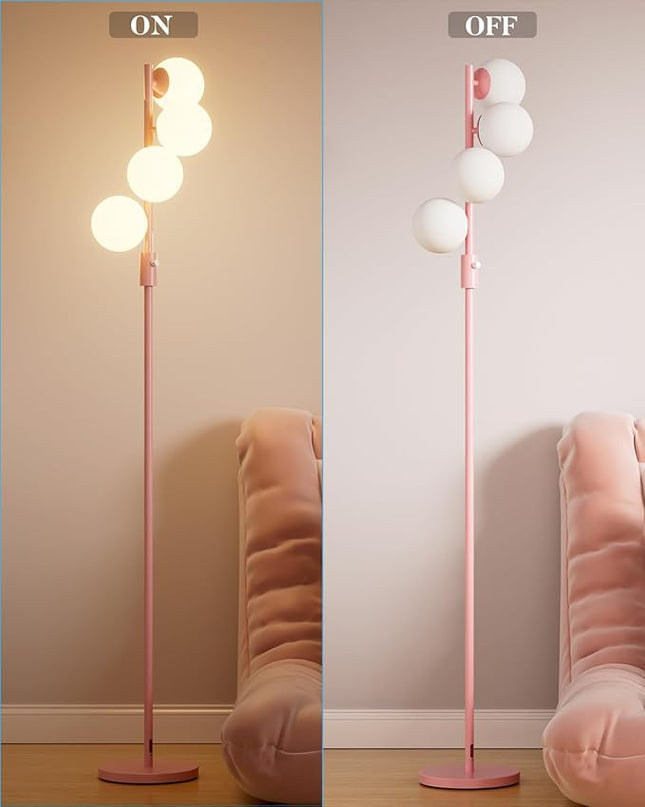 64IN Dimmable Pink Floor Lamp, Tall Standing Lamps with 4 Globe Soft Warm White Eye Care 3000K G9 Bulbs, Mid Century Modern Floor Lamp for Bedroom Office - LeafyLoom