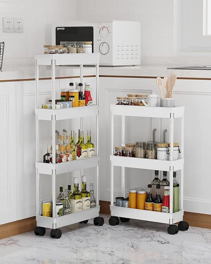 Sooyee 4 Tier Slim Storage Cart Mobile Shelving Unit Organizer Slide Out Storage Rolling Utility Cart Tower Rack for Kitchen Bathroom Laundry Narrow Places, Plastic & Stainless Steel,White - LeafyLoom