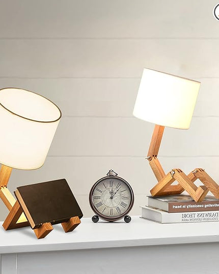 ELINKUME Robot Desk Lamp Set of 2, Creative Bedside Lamp for Bedroom,Wooden Lamp Body Adjustable,DIY E26 Living Room Table Lamps with Fabric Shade,Modern Indoor Decorative Lighting - LeafyLoom
