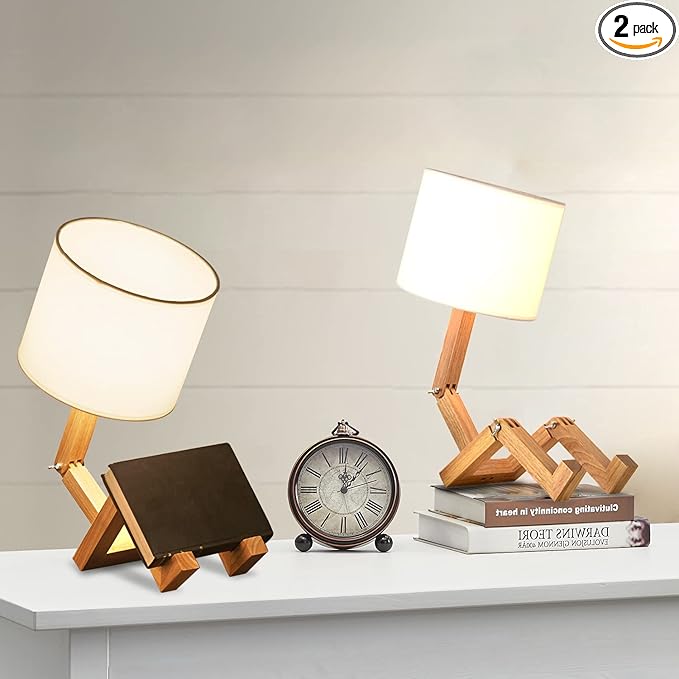 ELINKUME Robot Desk Lamp Set of 2, Creative Bedside Lamp for Bedroom,Wooden Lamp Body Adjustable,DIY E26 Living Room Table Lamps with Fabric Shade,Modern Indoor Decorative Lighting - LeafyLoom