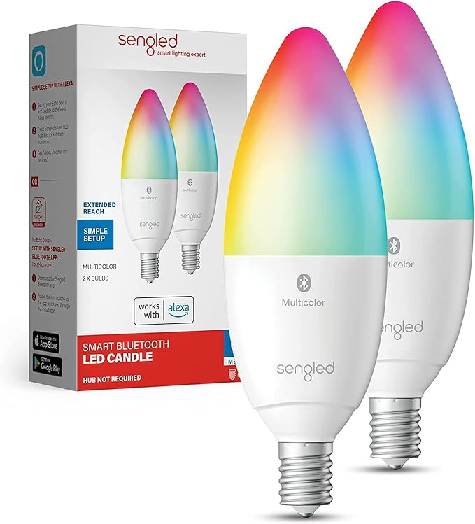 Sengled Alexa Light Bulb, E12 Smart Bulb, S1 Auto Pairing with Alexa Devices, Candelabra Light Bulbs, Smart Chandelier Light Bulbs that Work with Alexa, 45W Equivalent, Multicolor Dimmable, 2-Pack Sengled