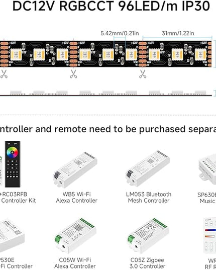 BTF-LIGHTING RGBCCT 5 Colors in 1 LED Tape Lights 5050SMD RGBWW RGB+Dimmable Color Temperature 2700K-6500K 16.4ft 96LED/m 480LED IP30 DC12V Black PCB for Home Decoration(No Adapter or Controller) BTF-LIGHTING