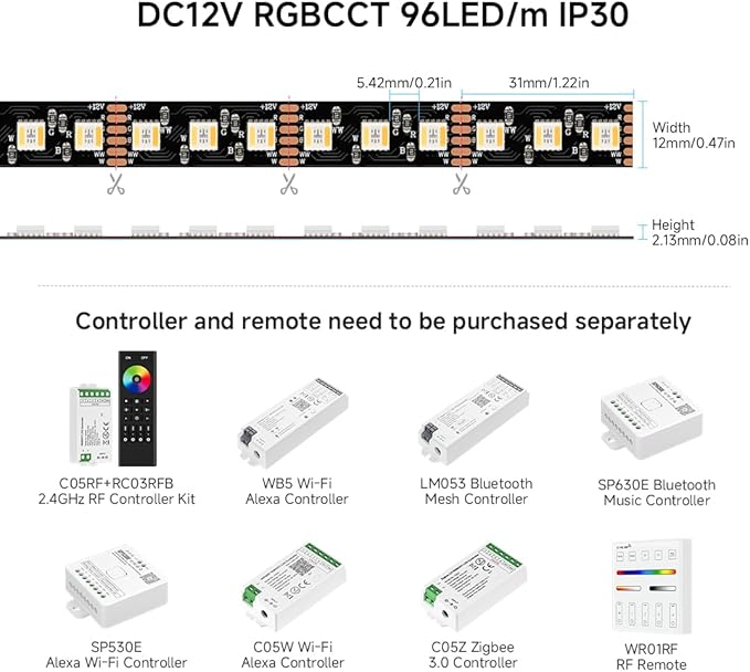 BTF-LIGHTING RGBCCT 5 Colors in 1 LED Tape Lights 5050SMD RGBWW RGB+Dimmable Color Temperature 2700K-6500K 16.4ft 96LED/m 480LED IP30 DC12V Black PCB for Home Decoration(No Adapter or Controller) BTF-LIGHTING