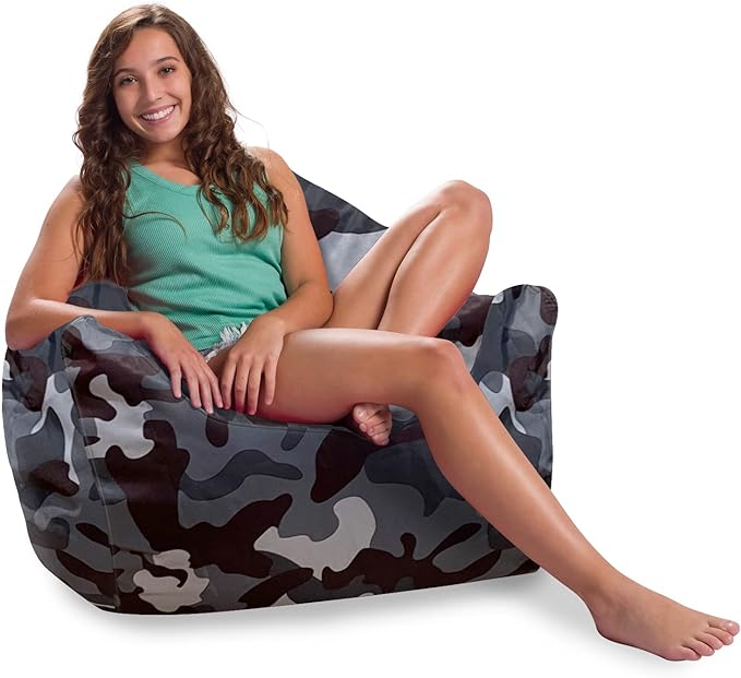 Posh Creations Structured Comfy Bean Bag Chair for Gaming, Reading and Watching TV, Malibu Lounge, Nylon - Camo Dark and Black Gray - LeafyLoom