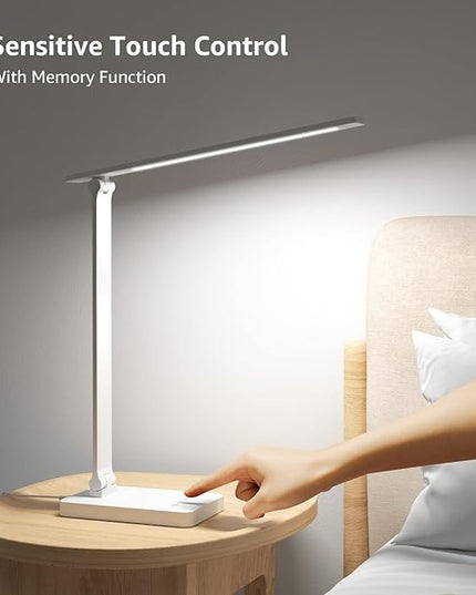 Lepro LED Desk Lamp with USB Charging Port Dimmable Home Office Touch Control Reading Table Lamp,3 Color Modes with 5 Brightness Level, School Dorm Room Essentials, Task Lamp, Sewing, Crafting, White - LeafyLoom