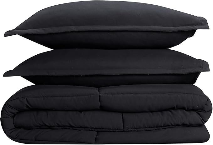 SERTA Simply Clean Ultra Soft Hypoallergenic Solid 3 Piece Comforter Set, Full/Queen, Black - LeafyLoom