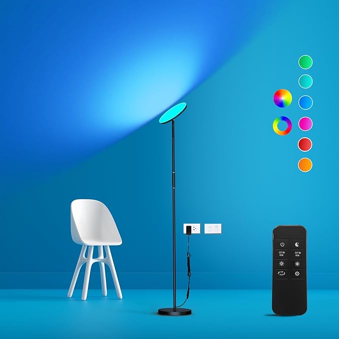 LED Floor Lamp, 3600LM 36W RGB Standing Lamp with Multi-Color Light Scenes, Modern Torchiere Sky Lamp with Remote & Touch Control, 2700K-6500K Stepless Dimming Room Lamp for Living Room Bedroom Office - LeafyLoom