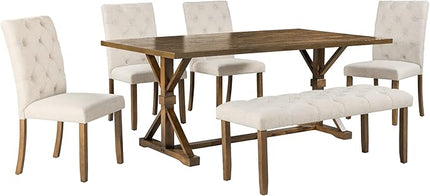 6 Piece Farmhouse Rectangular 72" Wood Dining Table Set, 4 Upholstered Chairs with Bench, Easy to Assemble, for Living, Guest Room, Home Bar and Kitchen, Walnut - LeafyLoom