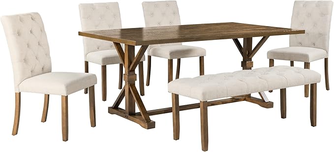 6 Piece Farmhouse Rectangular 72" Wood Dining Table Set, 4 Upholstered Chairs with Bench, Easy to Assemble, for Living, Guest Room, Home Bar and Kitchen, Walnut - LeafyLoom