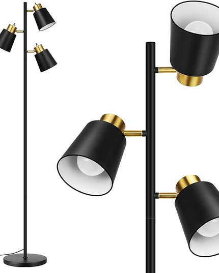 QiMH Tree Floor Lamps for Living Room, 67" Modern Standing Floor Lamp with 3 LED Bulb, Industrial Tall Lamp Reading Lighting for Bedroom Study Office Decor, 3 Rotatable Light Heads, Black Gold - LeafyLoom