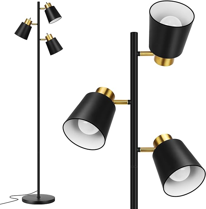 QiMH Tree Floor Lamps for Living Room, 67" Modern Standing Floor Lamp with 3 LED Bulb, Industrial Tall Lamp Reading Lighting for Bedroom Study Office Decor, 3 Rotatable Light Heads, Black Gold - LeafyLoom