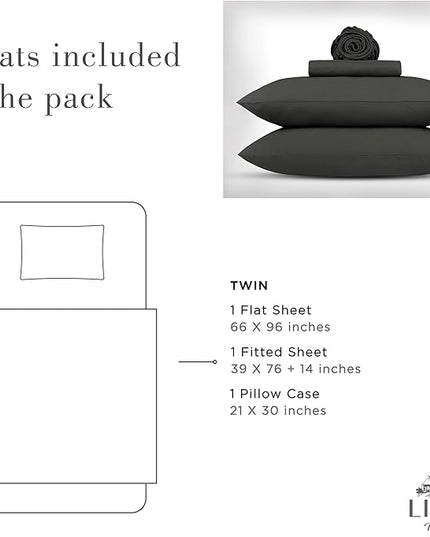 Linen Home Washed Cotton Percale Twin Sheet Set, Charcoal, Deep Pocket, 3 Pieces Bed Sheets - 1 Flat Sheet, 1 Fitted Sheet & 1 Envelope Closure Pillowcase, Cool and Comfortable Bed Linen - LeafyLoom