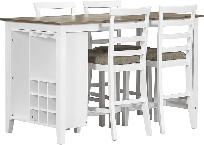 5-Piece Counter Height Dining Rubber Wood, Padded, Wine Storage and Glass Holders, Perfect Table and Chairs Set for Stylish Kitchen or Living Room, Brown, Onesize - LeafyLoom