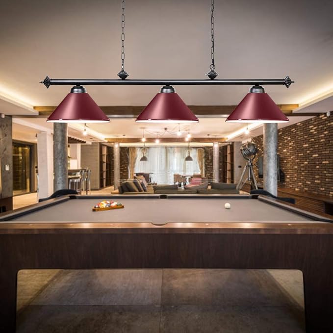 Wellmet Pool Table Lights for 8'/9' Table with 3 Metal Shades, Billiard Lamp for Man Cave, Game Room, Kitchen Island Light for Restaurant Or Dining Room (Burgundy, 59 inch-3 Lights) - LeafyLoom