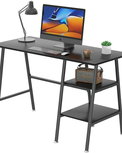 VECELO 43 Inch Computer Desk Writing Study Work Office Table Modern desk with shelves wooden desk for Home Bedroom,Black Desk - LeafyLoom