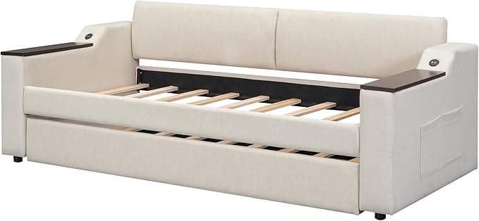 Twin Size Upholstery Daybed with Storage Arms, Trundle and USB Design, Sofa Bed Day Bed for Bedroom Living Room Guestroom, No Box Spring Needed, Beige - LeafyLoom