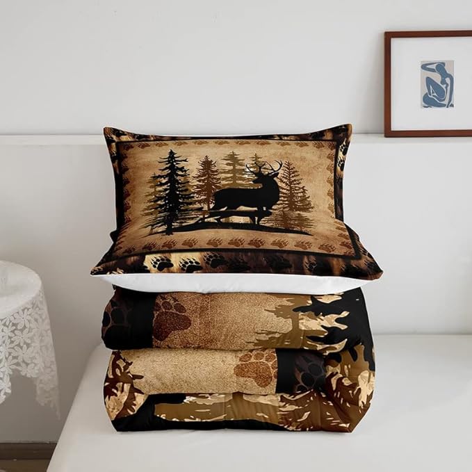 Feelyou Cute Deer Comforter Set for Girls Boys Kids Deer Hunting Bedding Set Room DecorBear Paw Print Tree Bedding Set Exotic Brown Duvet Set King Size 3Pcs Quilt Boys - LeafyLoom