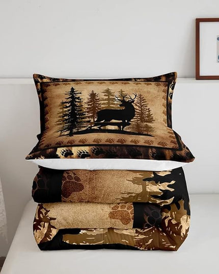 Cute Deer Comforter Set for Girls Boys Kids Deer Hunting Bedding Set Room Decorative Bear Paw Print Tree Pattern Bedding Set Exotic Style Brown Duvet Set Full Size 3Pcs Quilt Set - LeafyLoom