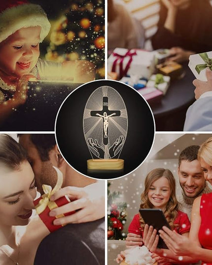 Baptism Gifts for Boys, Wood Bedside Lamp, Yellow, USB Powered, Jesus Cross Decor, LAMP - LeafyLoom