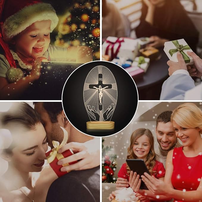 Baptism Gifts for Boys, Wood Bedside Lamp, Yellow, USB Powered, Jesus Cross Decor, LAMP - LeafyLoom