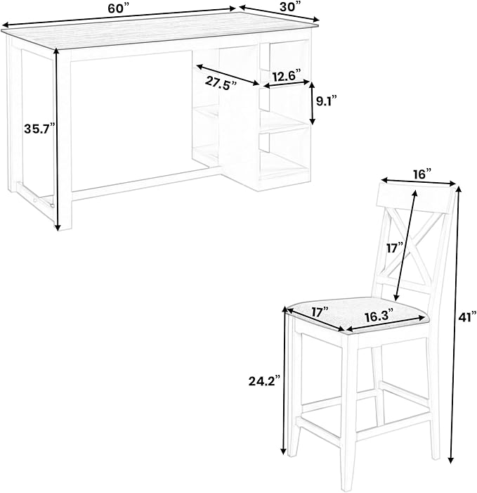 Merax Farmhouse Style Dining 3-Tier Storage Shelves 5-Piece Kitchen Set, Including Rectangular Wooden Linen Upholstered, 60" Counter Height Table+4 Chairs, White - LeafyLoom