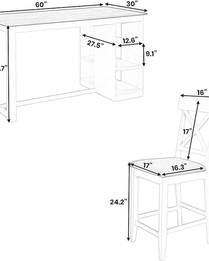 Farmhouse Counter Height 3-Tier Storage Shelves, Solid Wood w/4 Upholstered Chairs, Easy Assembly, for Kitchen, Room, Natural+White, 5 Piece Dining Table Set - LeafyLoom