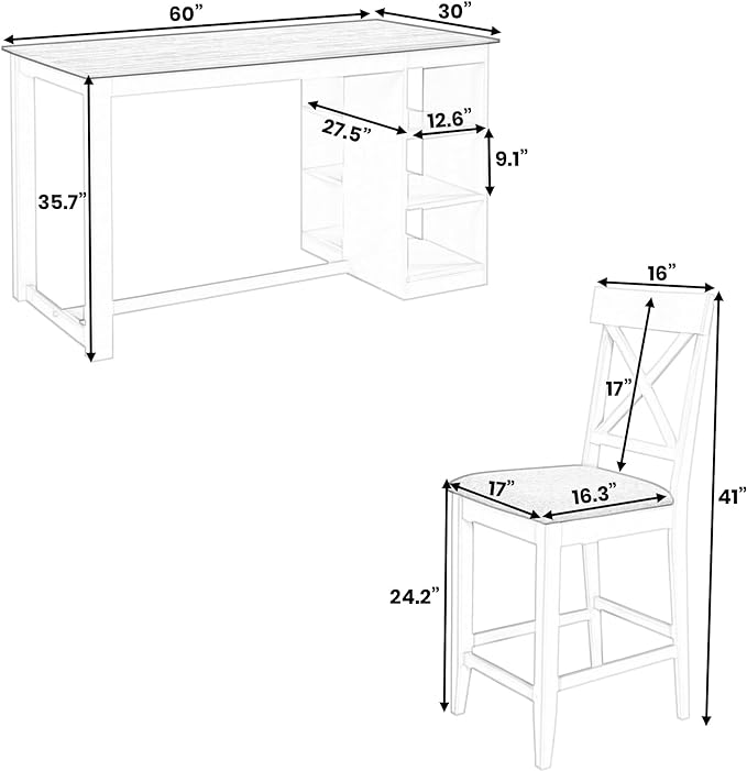 Farmhouse Counter Height 3-Tier Storage Shelves, Solid Wood w/4 Upholstered Chairs, Easy Assembly, for Kitchen, Room, Natural+White, 5 Piece Dining Table Set - LeafyLoom