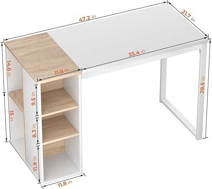 Coavas Computer Desk with Storage, Home Office Desk with Adjustable Shelves, Simple Style Writing Study Desk with Metal Frame, Modern Design PC Laptop Desk, 47 inch, White and Oak - LeafyLoom