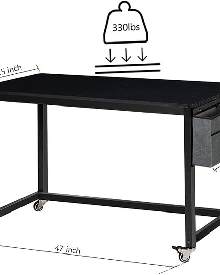 AHB 47" Rolling Computer Desk with 4 Smooth Wheels, Simple Style Mobile Writing Desk Home Office Study Table Movable Workstation with Metal Frame - LeafyLoom