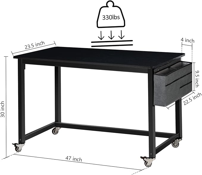 AHB 47" Rolling Computer Desk with 4 Smooth Wheels, Simple Style Mobile Writing Desk Home Office Study Table Movable Workstation with Metal Frame - LeafyLoom