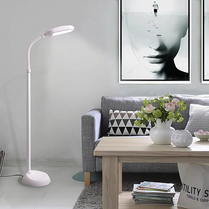 Bright LED Floor Lamp with HI-Off-Low Switch 2-Level Brightness 12W 63 Inches Tall for Living Room & Bedroom Reading, Repair, Crafts, Sewing etc. (White) - LeafyLoom