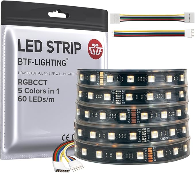 BTF-LIGHTING RGBCCT 5 Colors in 1 LED 5050SMD RGBWW RGB+Dimmable Tunable Color Temperature 2700K-6500K 16.4ft 60LEDs/m 300LEDs DC24V Multi-Colored Lights IP67 for Decoration(No Adapter or Controller) BTF-LIGHTING