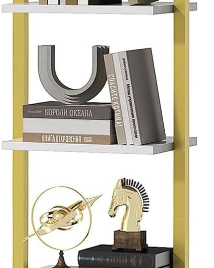 YMYNY 5 Tiers Ladder Bookcase, Industrial Wall Mounted Bookshelf, Open Display Rack with Metal Frame, Wooden Storage Shelves for Bedroom, Home Office, Living Room, White+Gold, 70*17.3*11.8"UHBC015W - LeafyLoom