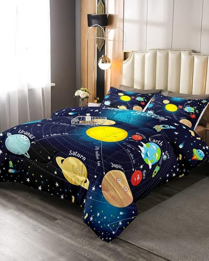 Erosebridal Outer Space Comforter Set Starry Sky Bedding Set Queen Size for Kids Boys Girls Room Galaxy Planet Space Duvet Sets Solar System Cartoon Down Comforter 3 Pieces with 2 Pillow Cases, Blue - LeafyLoom
