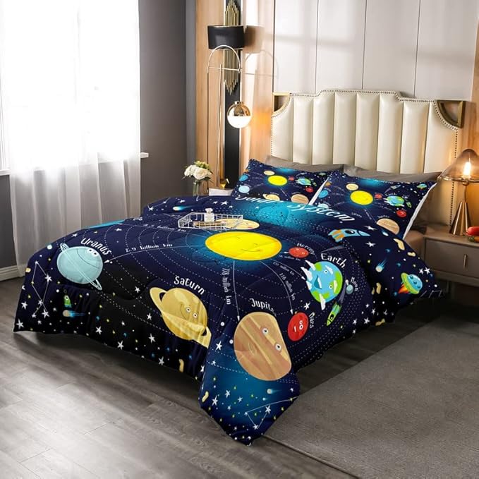 Erosebridal Outer Space Comforter Set Starry Sky Bedding Set Queen Size for Kids Boys Girls Room Galaxy Planet Space Duvet Sets Solar System Cartoon Down Comforter 3 Pieces with 2 Pillow Cases, Blue - LeafyLoom