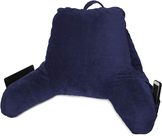 Clara Clark Reading Pillow, Standard Back Pillow for Sitting Up in Bed, Memory Foam Back Support Pillow, Reading Pillows for Sitting in Bed, Navy Blue Sit Up Pillow for Bed, Arm Pillow with Pockets - LeafyLoom