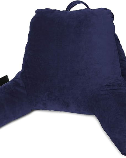 Clara Clark Reading Pillow for Kids, Small Back Pillow for Sitting Up in Bed, Memory Foam Back Support Pillow, Reading Pillows for Sitting in Bed, Navy Blue Gaming Pillow with Arms and Pockets - LeafyLoom