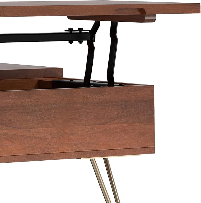 SIMPLIHOME Hunter SOLID MANGO WOOD Wide Square Industrial Lift Top Coffee Table for The Living Family Room, 32 inch, Umber Brown, Gold - LeafyLoom