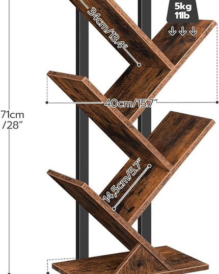 HOOBRO Tree Bookshelf, 5-Tier Bookcase Wooden Shelves, Floor Standing Storage Rack, for Display of CDs, Books in Living Room, Home Office, Wood Storage Rack for Bedroom, Rustic Brown BF04SJ01G1 - LeafyLoom