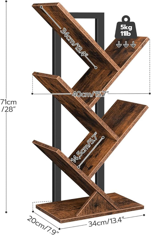 HOOBRO Tree Bookshelf, 5-Tier Bookcase Wooden Shelves, Floor Standing Storage Rack, for Display of CDs, Books in Living Room, Home Office, Wood Storage Rack for Bedroom, Rustic Brown BF04SJ01G1 - LeafyLoom