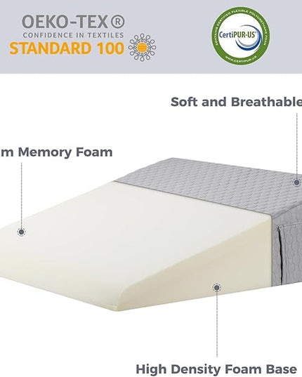 Bed Wedge Pillow for Sleeping 7.5" Memory Foam Wedge Pillow for After Surgery Triangle Pillow Wedge for Acid Reflux Snoring Heartburn GERD Back Support Leg Elevation, Removable Washable Cover - Gray - LeafyLoom
